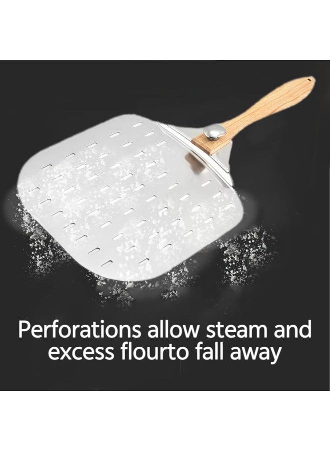 YelaJoy 12 Inch Aluminum Pizza Peel with Foldable Wood Handle, Perforated Pizza Paddle for Baking Homemade Pizza and Artisan Breads, 61cm Total Length - Image 5